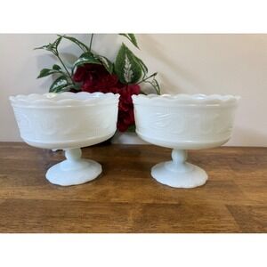 Vintage E.O. Brody Milk Glass Pedestal Compotes –‎ Embossed Scalloped Design